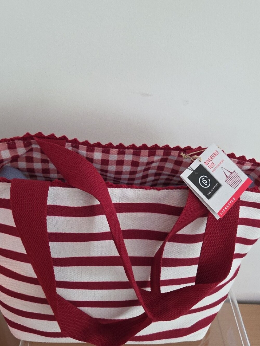 Striped Red & White Canvas Reversible Tote Bag - Nautical Style - Picture 2 of 4